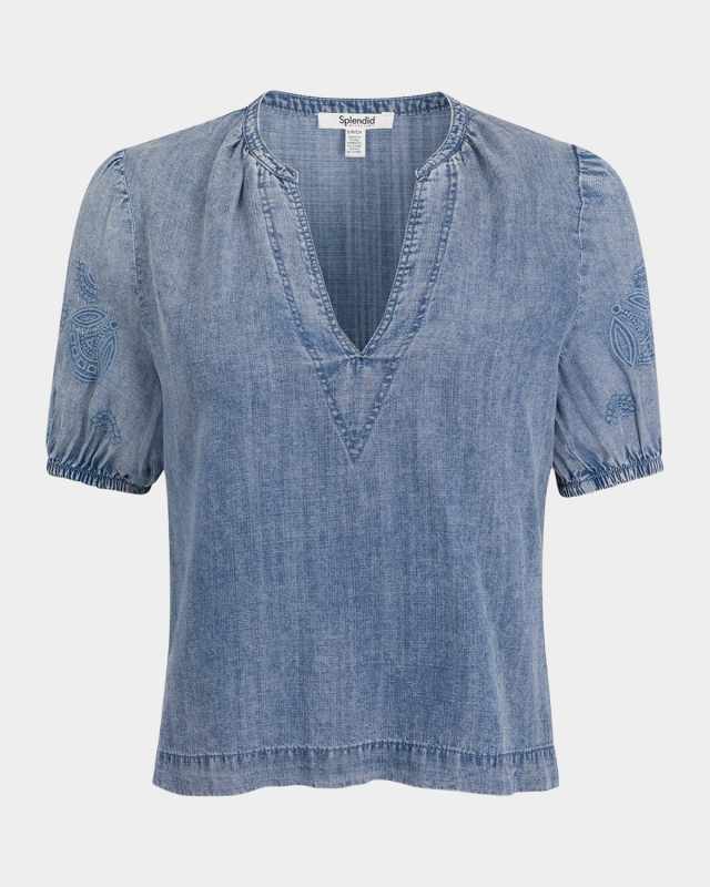 Cayden Embroidered Puff-Sleeve Blouse